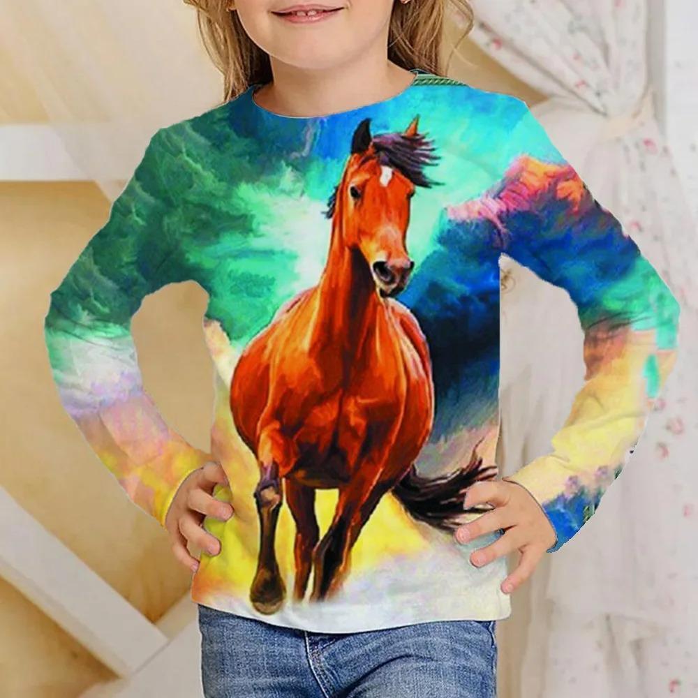 Animal Horse Children's 3D Digital Printing Girl Fashion Trend Round Neck Long Sleeved T-shirt