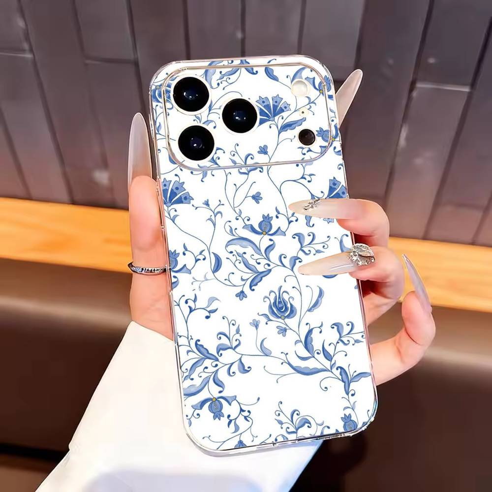 

blue and white china Phone Case For iPhone17,16,15,14,13,12,11 Plus,Pro Max Soft Transparent Cover iPhone16pro