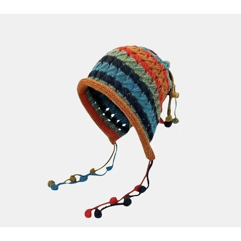 Women's Wool Hat for Autumn and Winter Ear Protection Goggles Dopamine Rainbow Handmade Crochet Color Ball Knit Hat Showing Small Face