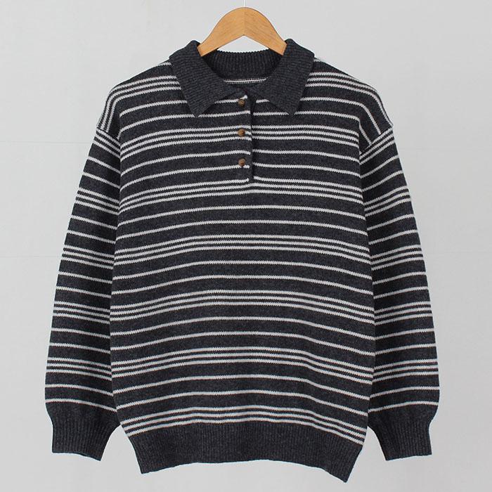 Ppaeppae Collared Loose Fit Striped Knit T-Shirt 3 Colors