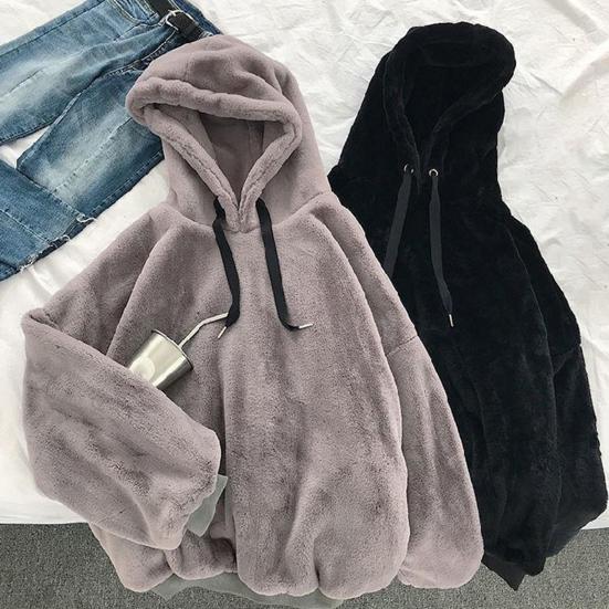 Kordelzug Lange Ärmel Elastische Bündchen Dick Warm Pullover Hoodie Herbst Winter Einfarbige Beidseitige Plüsch Unisex Kapuzenpullover