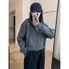 New Short Casual Pocket Design Double Zipper Long Sleeve Drawstring Hooded Knitted Cardigan Top Women