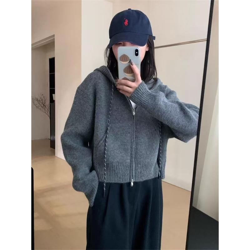 New Short Casual Pocket Design Double Zipper Long Sleeve Drawstring Hooded Knitted Cardigan Top Women