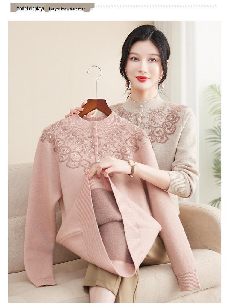 Mom's Autumn/Winter Fleece Sweater: Semi-High Neck, Thickened One-Piece Top for Middle-Aged & Elderly Women