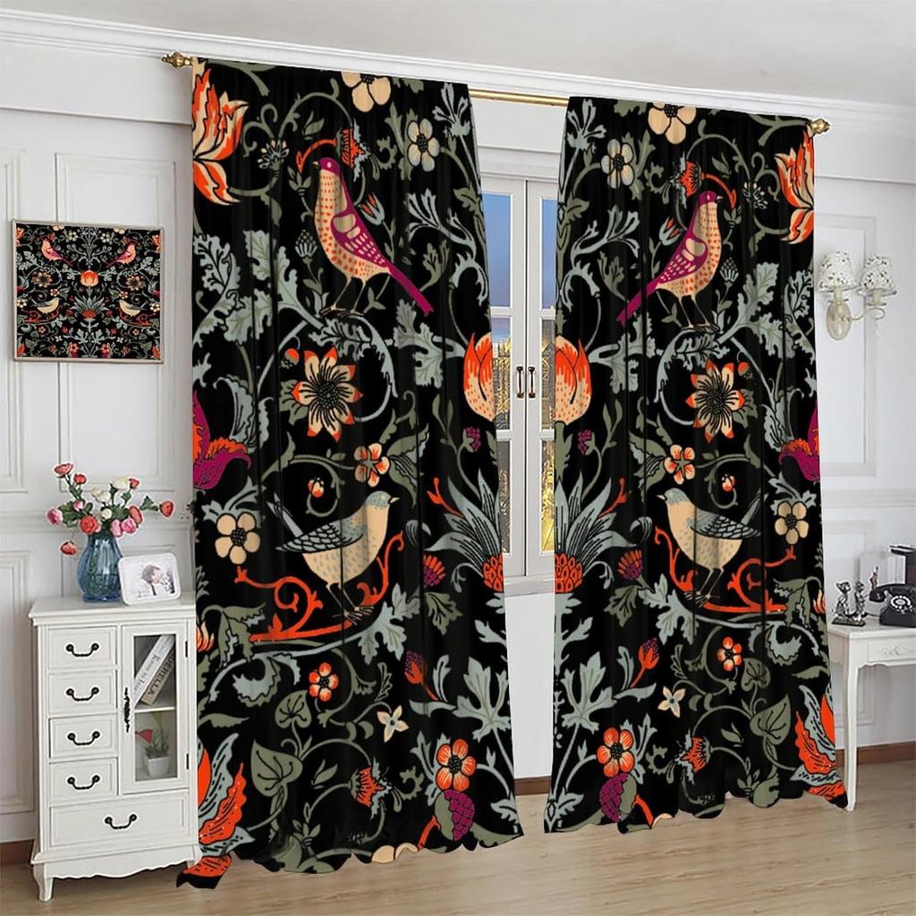 Vintage William Morris Curtains Watercolor Flower Bird Art Style Print Window Treatment Living Room Bedroom Blackout Made Of Polyester Decor