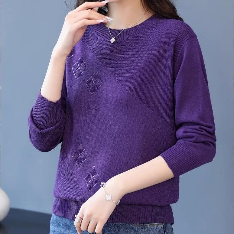 Women's Thin Crew Neck Knit Sweater Spring and Autumn Loose Solid Color Knit Pullover Top