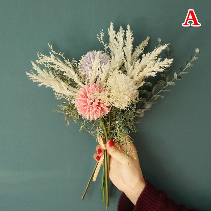 Artificial Flowers Bouquet for Home Party Decoration Wedding Bouquet Flowers Bulrush Silk Hydrangea Fake Flowers