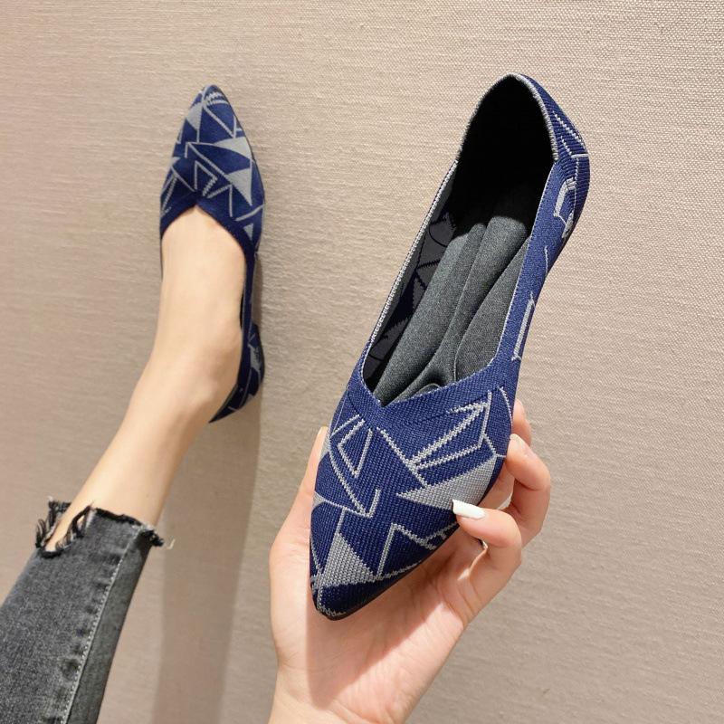 Flying single shoes women's new knitted mid-heel pointed breathable woven shoes fashionable shallow flat shoes