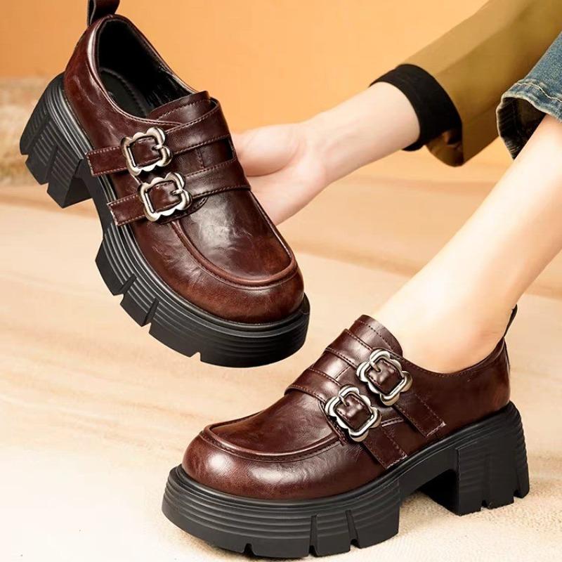 

Модные туфли-лодочки на высоком каблуке, новинка осени, с круглым носком, глубоким вырезом, металлической перемычкой-слингом, платформой, нескользящей подошвой, лоферы 35 коричневый