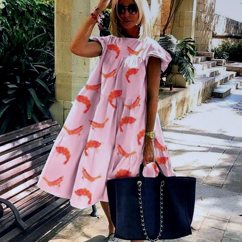 Summers 2021 Women'S Retro Loose 3xl Casual Round Neck Short Sleeve One-Piece Dresses