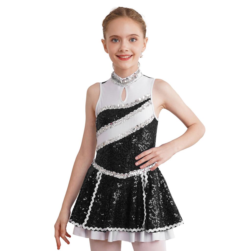 Girls Cheerleading Dress Sleeveless Round Collar Shiny Sequins Patchwork Design with Hidden Back Zipper Dance Costume