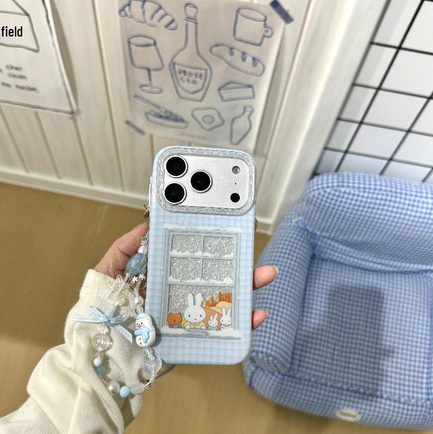 

Premium Glitter Window Frame Snow Scene Case for iPhone 17 Air / 16 Pro Max 14 Pro Max светло-синий
