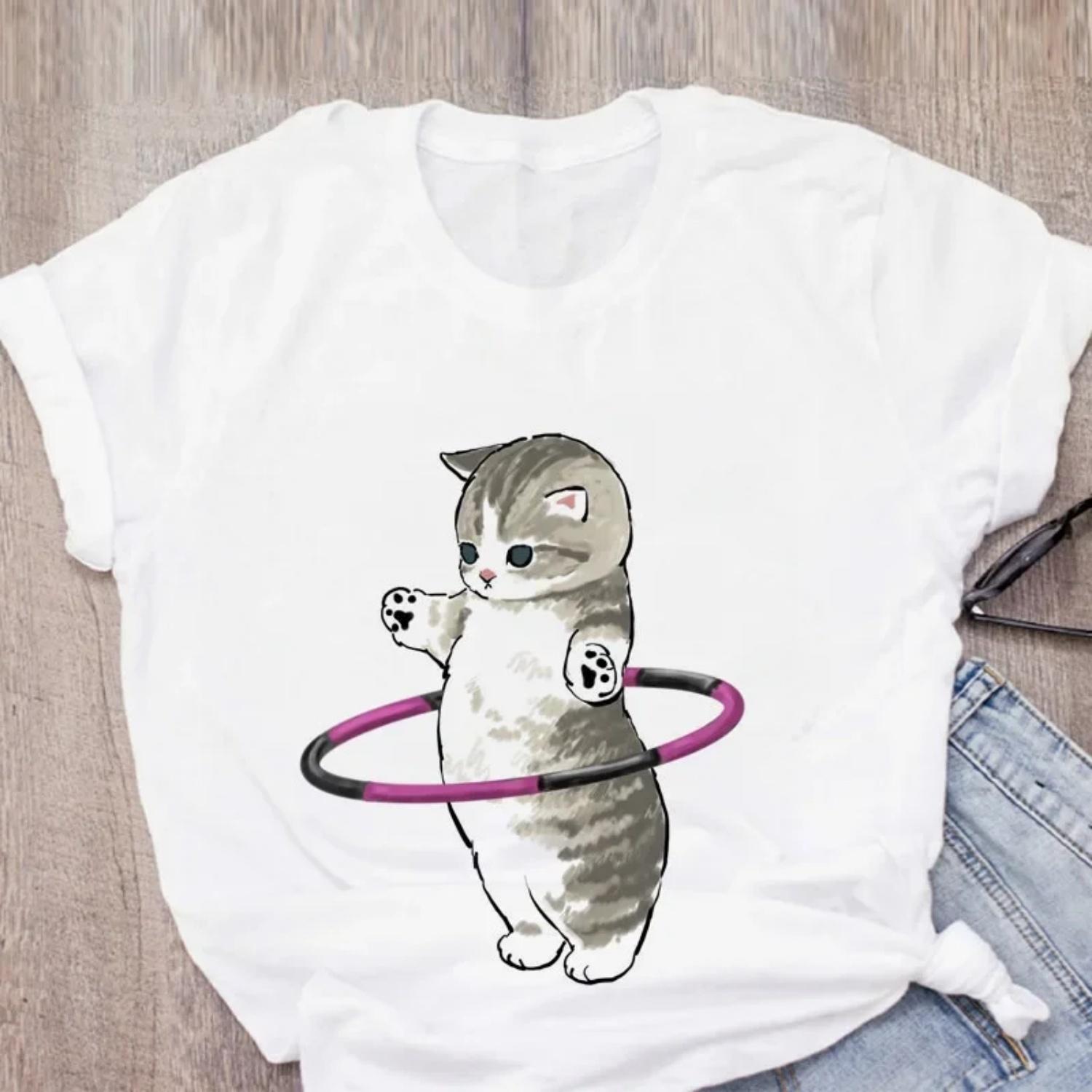 Cat Print round Neck Short Sleeve T-Shirt Hot Sale Of The Season Shrimp Pattern White Women s Fashion Cross-Border Wish Ebay Cre XXXXXL белый