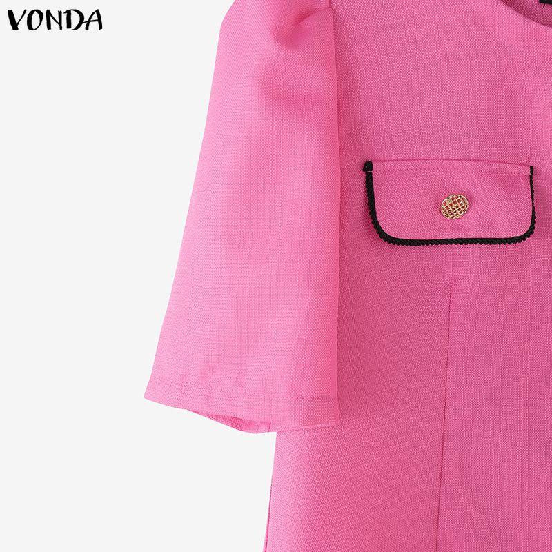 VONDA Women Short Sleeves Stitching Texture Casual Cropped Blouse Tops