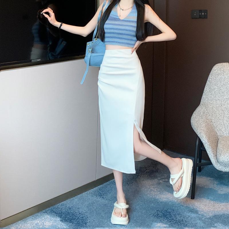 

Women s Summer High-Waisted Slimming Mid-Length Knee-Length Pleated Skirt Versatile Hip-Covering A-Line Casual All-match Versatile Skirt XS