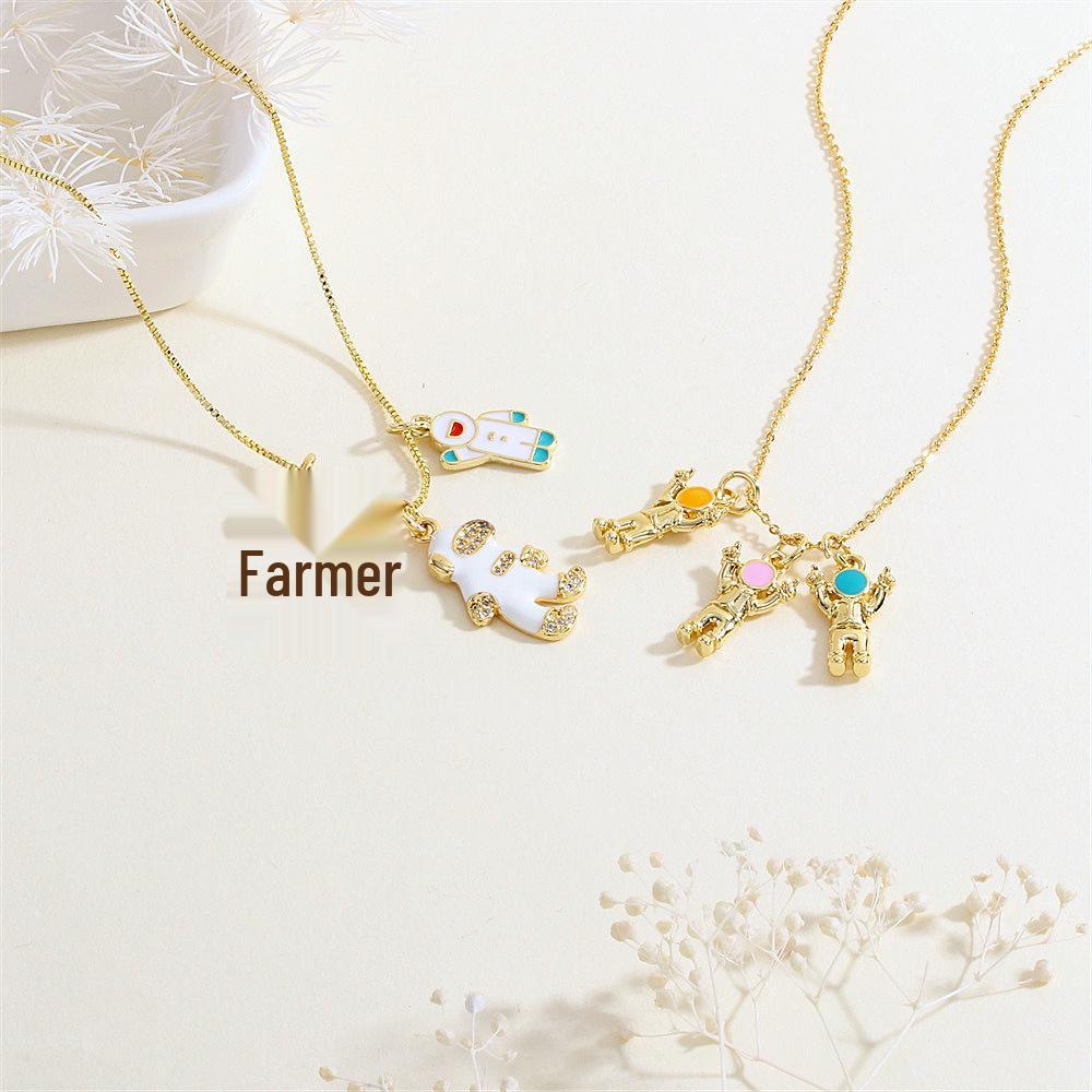 18K Gold Plated Astronaut Pendant Necklace with Drip Oil and Micro-Inlay Design
