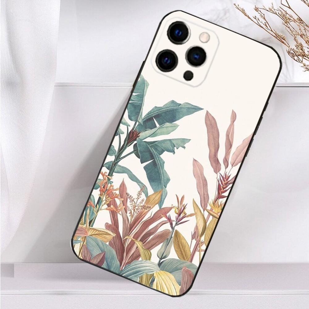 Painting Art Botanical Phone Case For iPhone 16,15,14,13,12,11 Plus,Pro Max,XS,X,XR,SE,Mini,8,7 Soft Silicone Black Cover