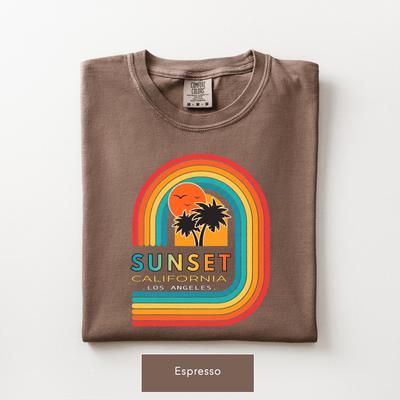 Retro California Sunset Shirt and Kids Tshirt, Unisex Los Angeles Palm Tree Tee, Summer Vacation Beach T-Shirt and Kids Tshirt, Comfort Colors®