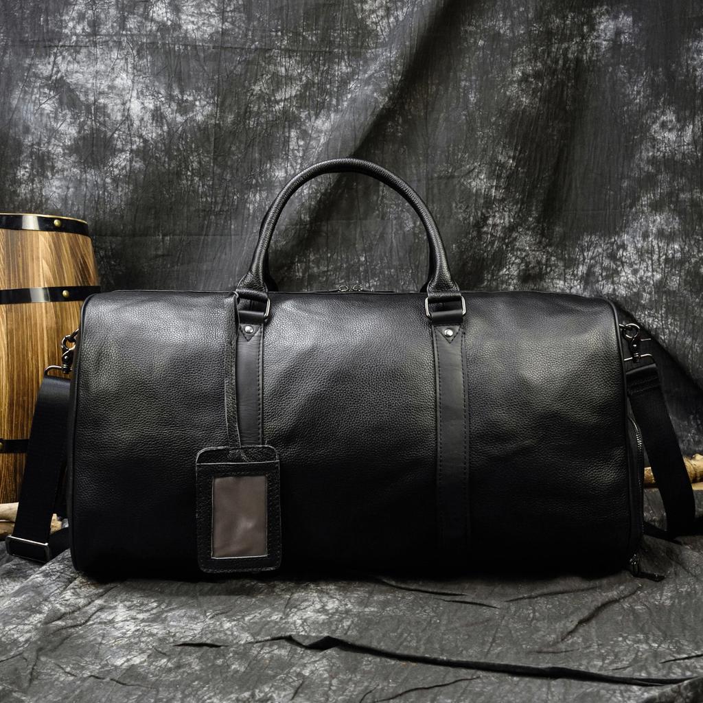 Men's Leather Travel Bag With Dry Wet Separation Black Cowhide Luggage Bag Large Capacity With Shoe Compartment Hand-held Fitness Bag