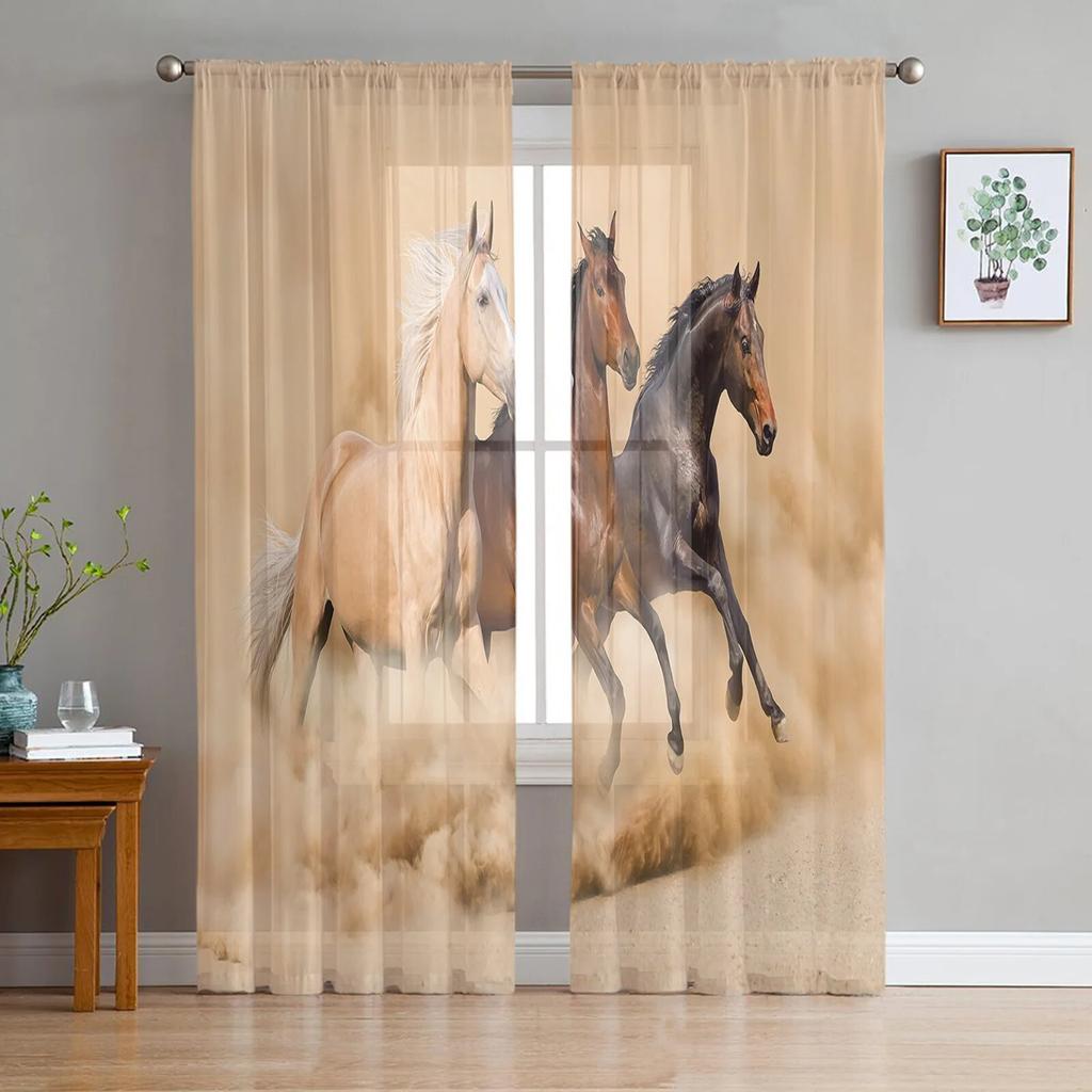 Black White Horse Watercolor Painting Modern Tulle Curtains for Living Room Bedroom Home Kitchen Window Sheer Curtains