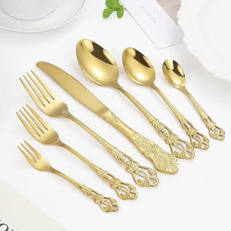 European Style Stainless Steel 4pcs Dinnerware Set - Retro Hollow Design Gold Spoon, Fork and Royal Steak Knife for Home Decor