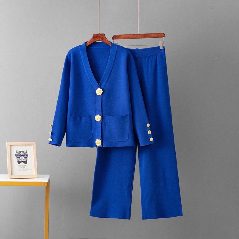 Cozy Knit Cardigan Pants Women Set Loose V-neck Pocket Button Coat Wide Leg Trousers  Autumn Winter Fashion Lady Outfit