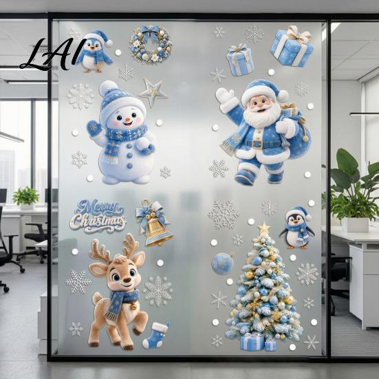 Winter Wonderland Wall Decals 4Pcs Christmas Static Window Clings Blue Santa Snowman Reindeer Penguin Clings Stickers Reusable Double Sided