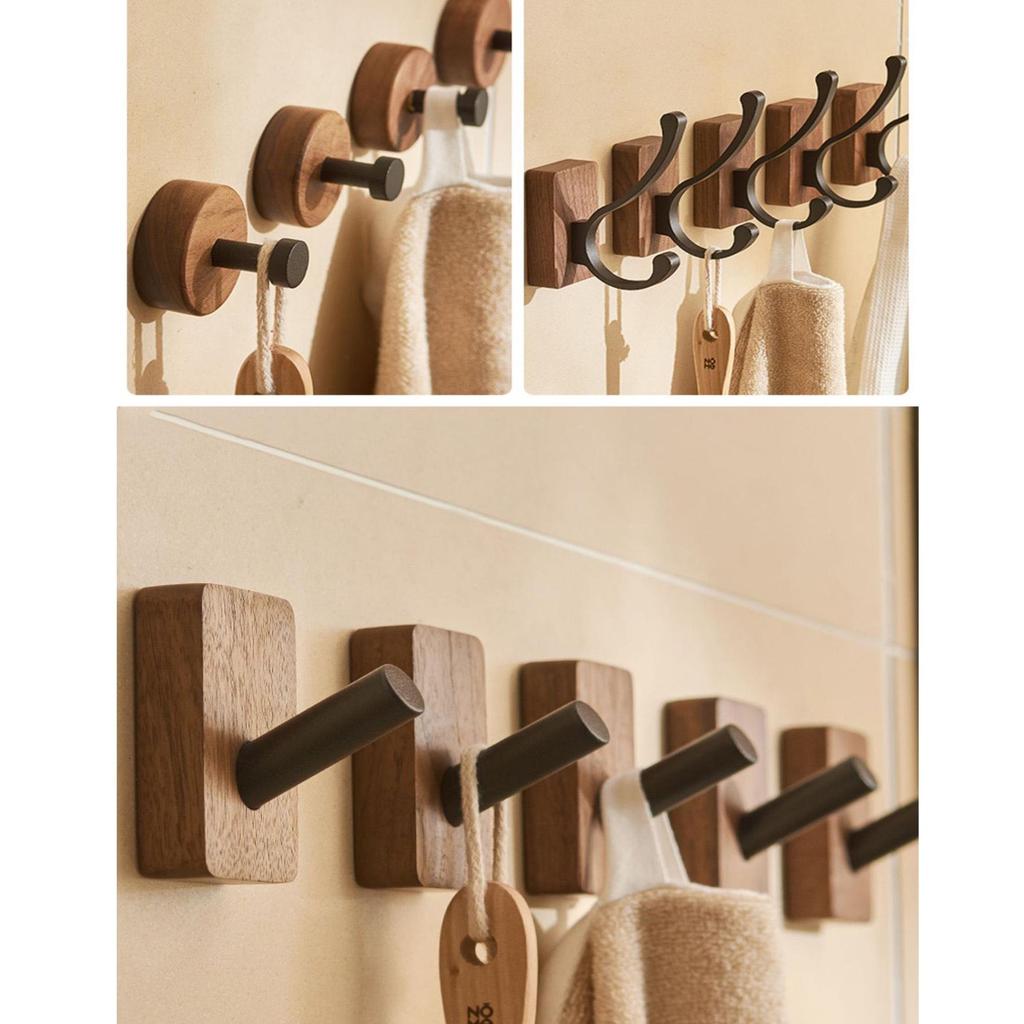 Walnut Bathroom Wall-Mounted No-Drill Adhesive Hook, Solid Wood & Space Aluminum