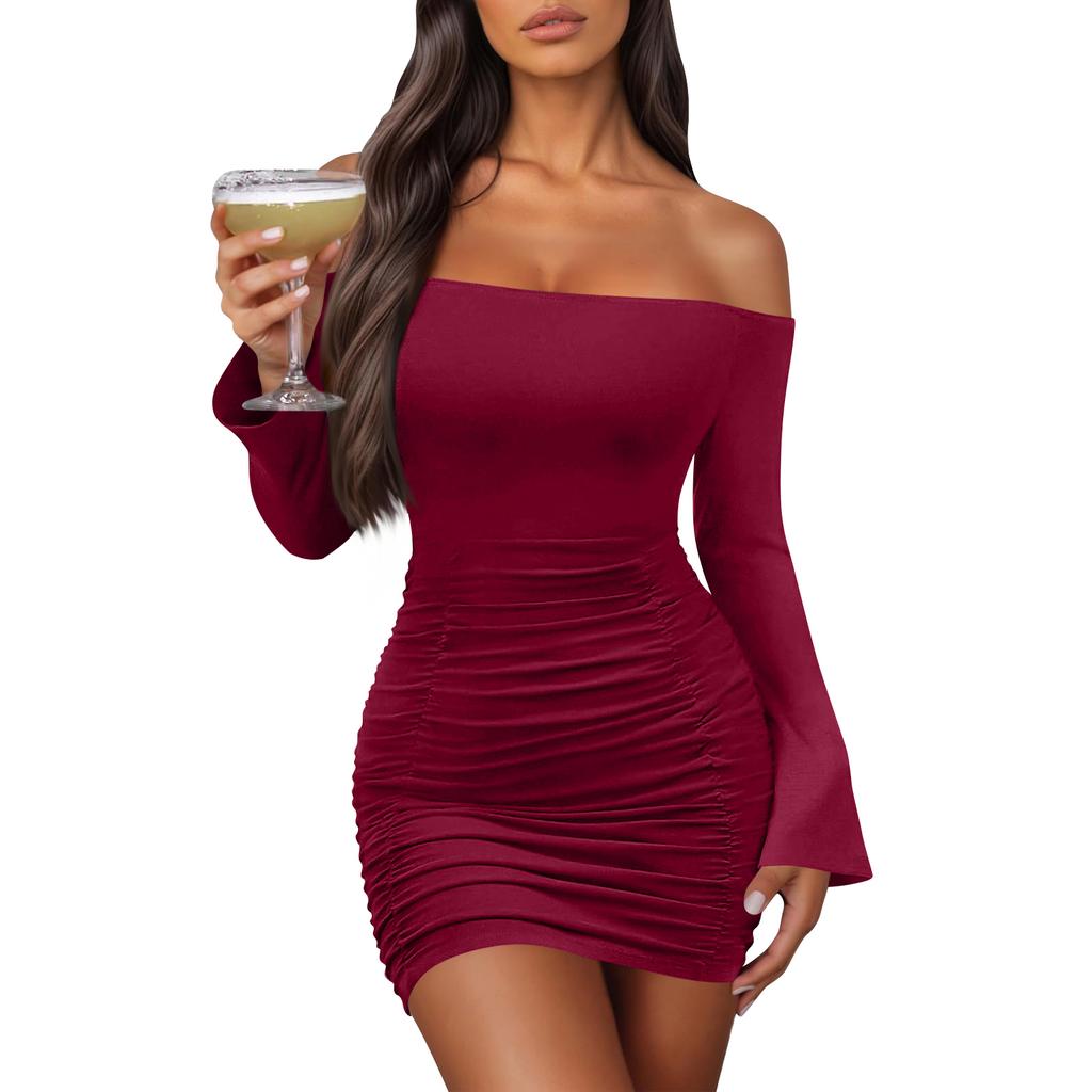 Nowość dla kobiet Seksowna Sukienka Bodycon z odkrytymi ramionami, długim rękawem, plisowana, w jednolitym kolorze