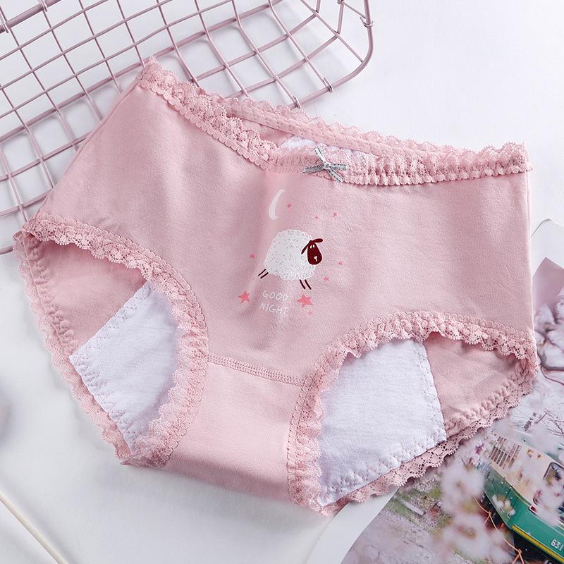 Lace Trim Leak-Proof Period Underwear - Mid-Waist Pure Cotton Women s Briefs Extra Large светло-розовый