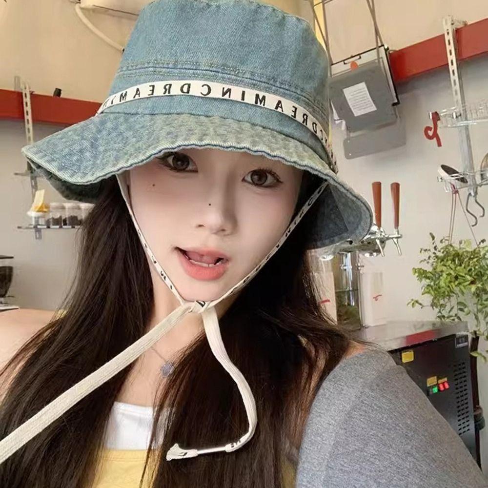 Letter Denim Bucket Hat With Tie Belt Sunscreen Hat Sweet Jeans Fisherman Hat Outdoor