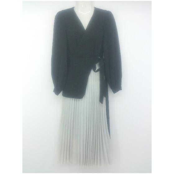 DHOLIC pleated switching long sleeve below knee length dress black ladies P [Used]