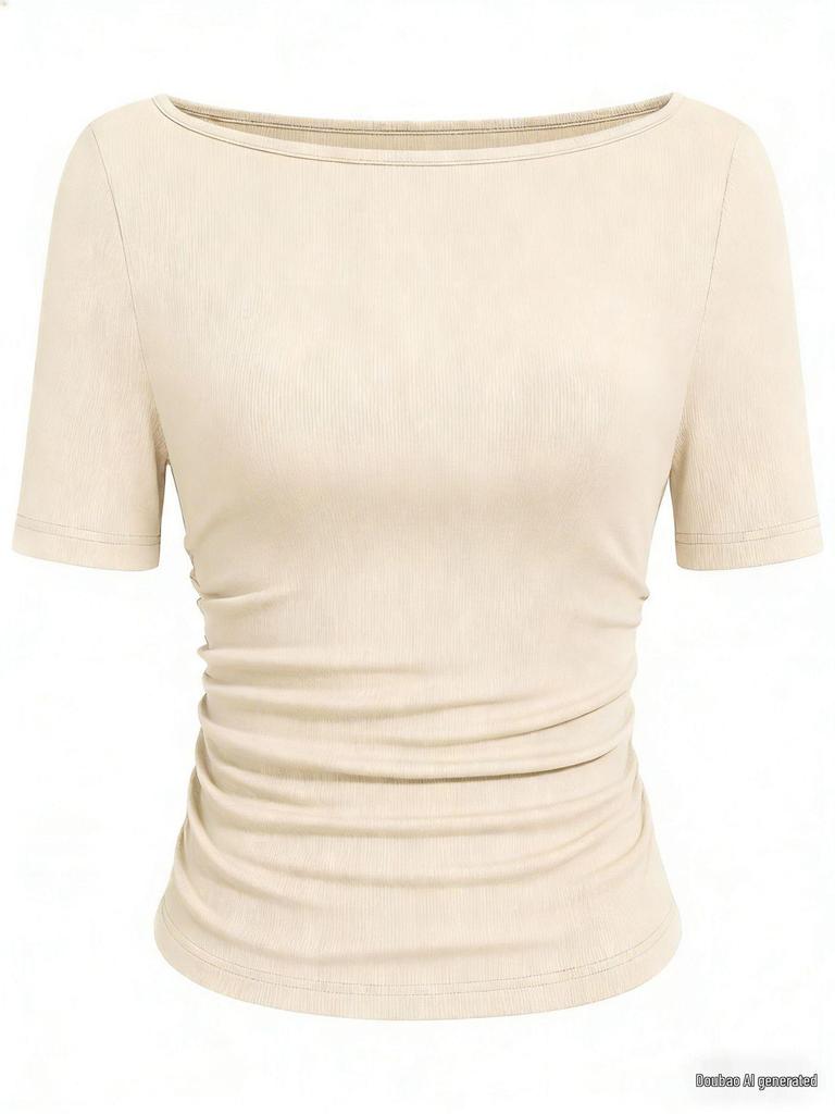 2025 Jesień Dopasowany Damski Top z Dekoltem Łódkowym, Dzwonkowym Rękawem i Marszczeniami - Jednolity Kolor, Długi Rękaw