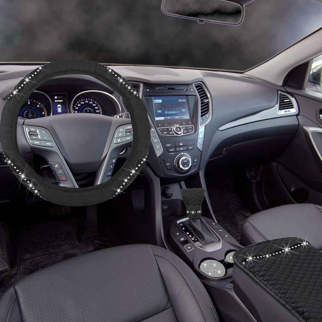 Sinmoe 10 Pcs Bling Car Accessories Set For Women Rhinestones Leather Accessories Steering Wheel Cover Armrest Gear Shift And Seat Belt And Handbrake