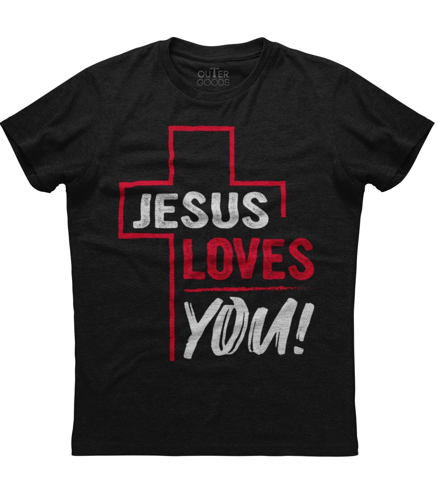 Jesus Loves You Christian Evangelism Mens Short Sleeve Cotton Black T-shirt M
