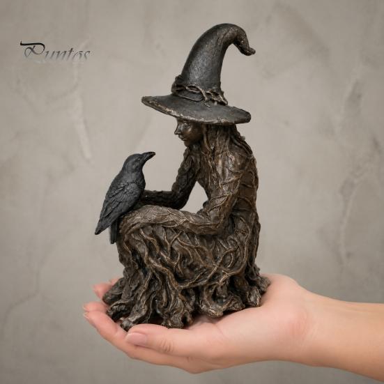 Decorative Witch Statue Halloween Tree Statue, Gothic Crow Resin Figurine, Retro Figurine Dark Fantasy Enchanting Ornament, Holiday Party Supplies