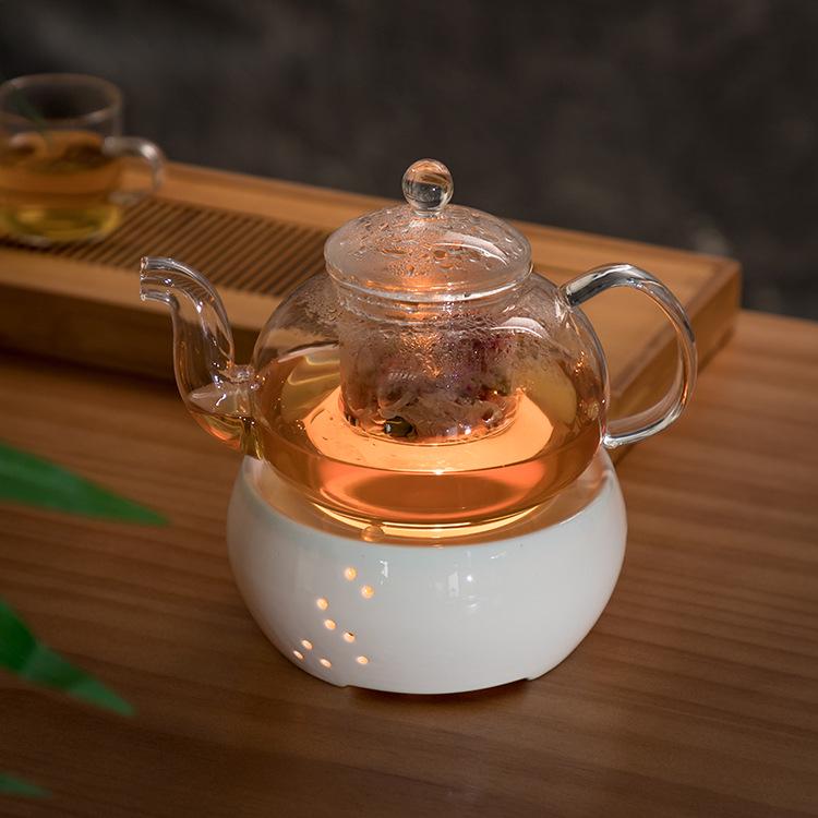 Heat-Resistant Glass Tea Kettle with Candle Warmer Base - Flower Tea Brewer & Filter Pot
