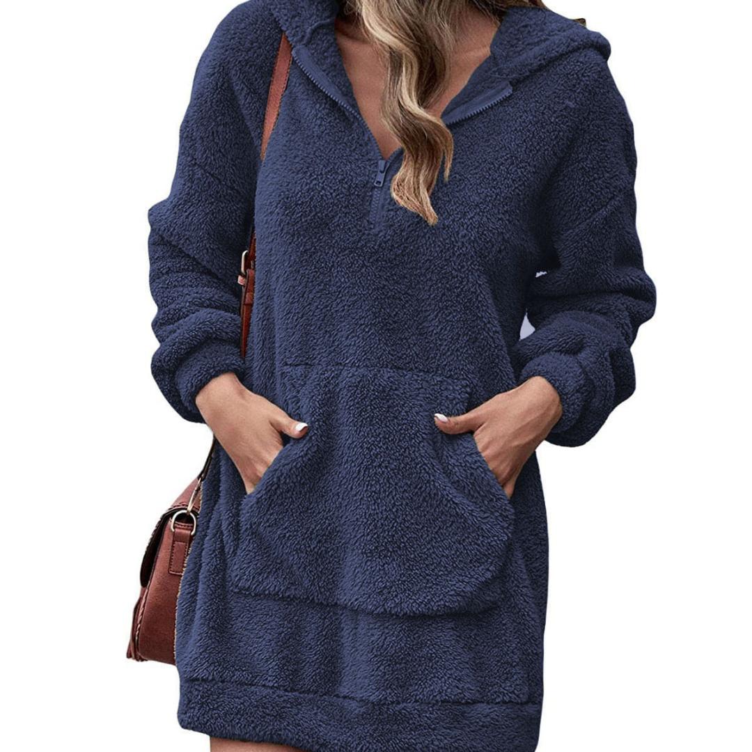

Осінньо-зимовий жіночий одяг, дволицьовий флісовий вільний плюшевий светр із капюшоном і блискавкою S синій