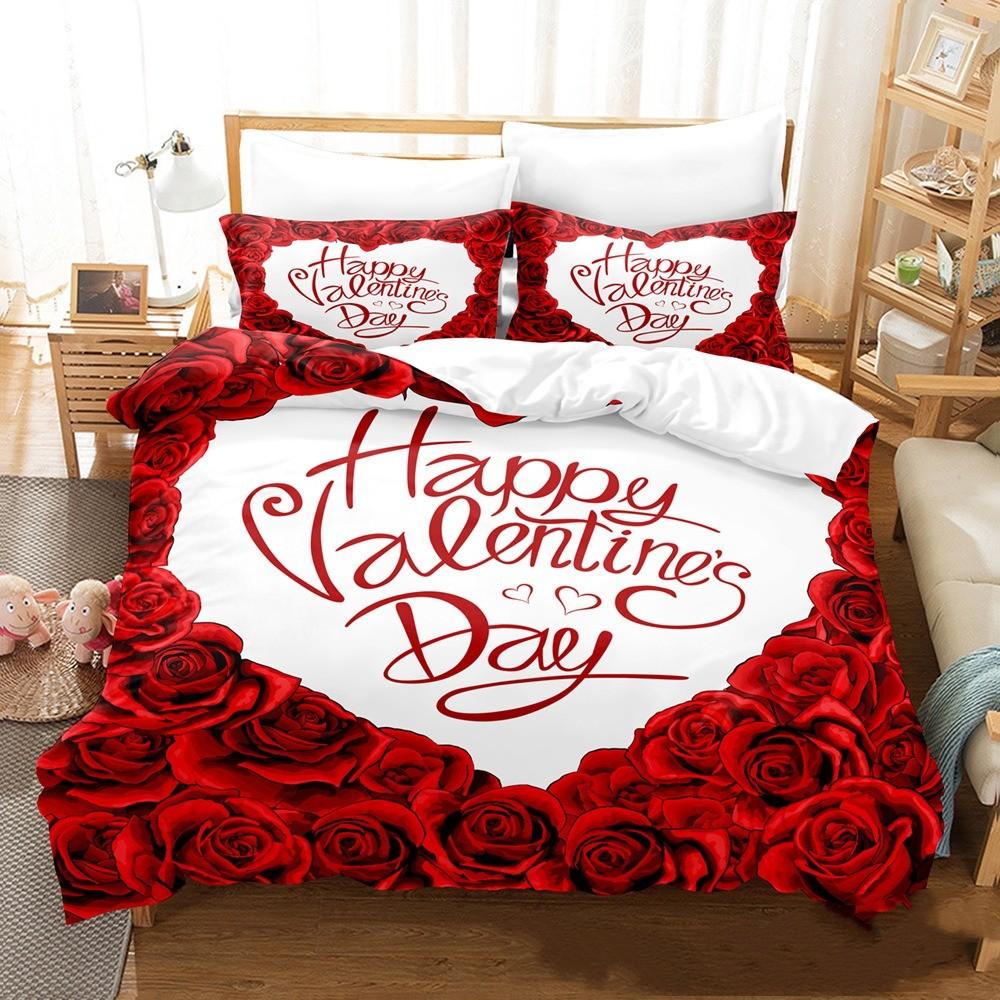 3D Red Rose Valentine's Day Gift Duvet Cover Set With Pillowcases Marry Comforter Bedding Sets For Wedding Double Bed Set Girls