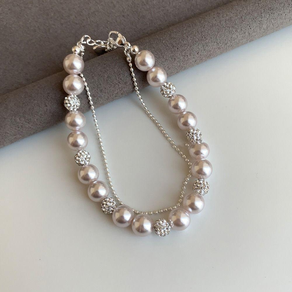 Shining Zircon Pearl Crystal Bracelet Charm Double Layer Bracelet Vintage Beaded Hand Bangle  Party