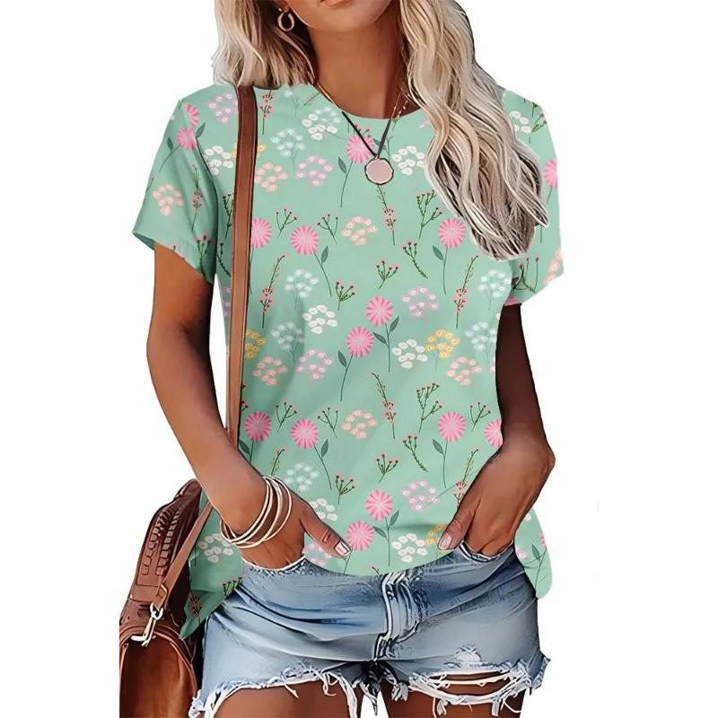 Moda para Mujer Cuello Redondo Manga Corta 3D Casual Estampado a Color Camiseta Casual de Manga Corta con Cuello Redondo