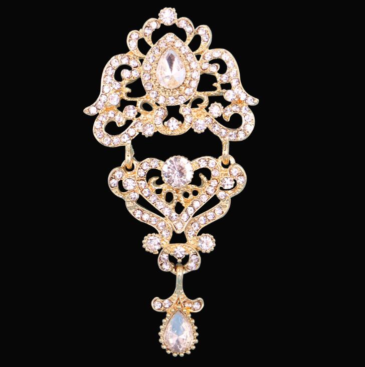 DIEZI Luxury Gold Silver Color Crystal Flower Bridal Brooches for Wedding Women Party Rhinestone Bouquet Water Drop Brooch Pins