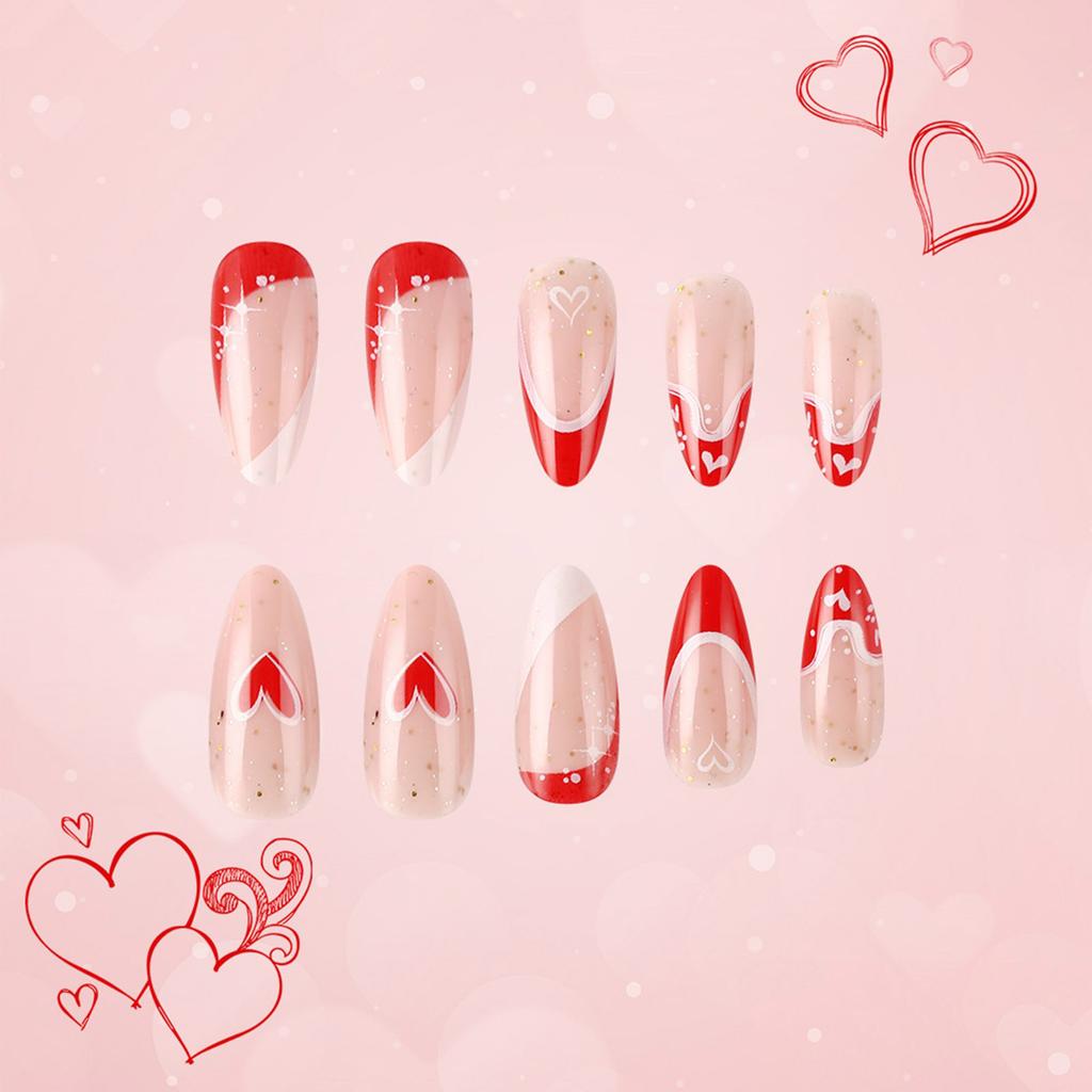 24 Stück Valentinstag Französische Falsche Nägel Lang Mandel Vollständige Abdeckung Künstliche Nägel Glänzend Aufkleben Nagel mit Herzdesign