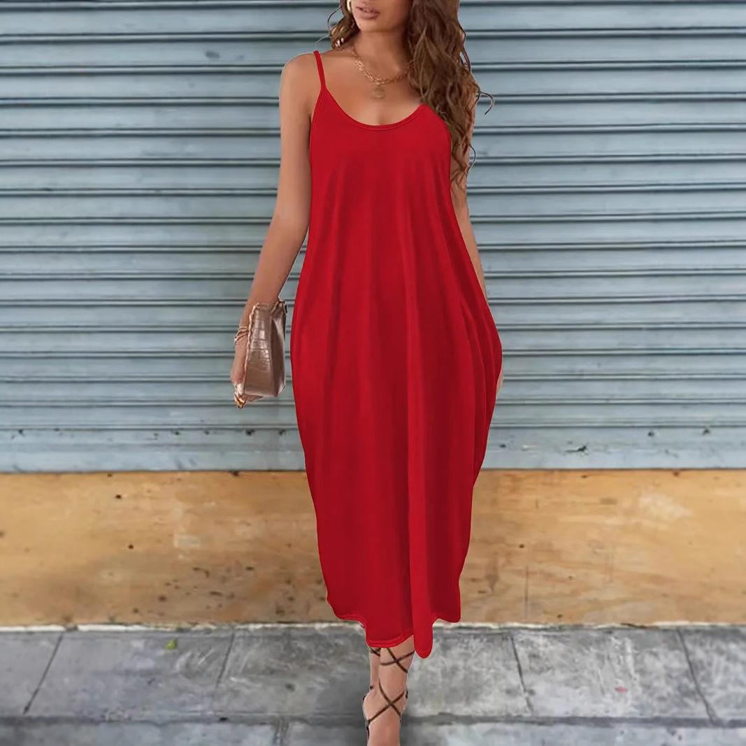 

Женское платье однотонное большого размера повседневное платье на бретелях XXXL красный