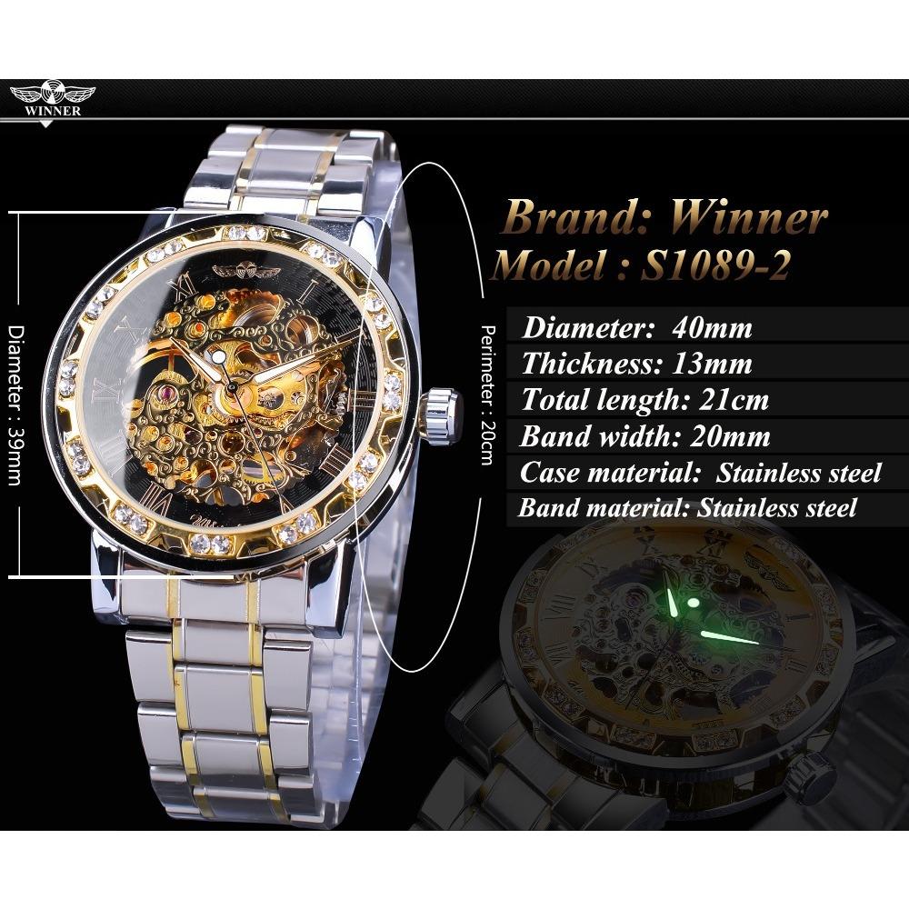 WINNER Watch Men's Fashion Casual Classic Popular Hollow Rhinestone Manual Mechanical Watch S1089-2-W