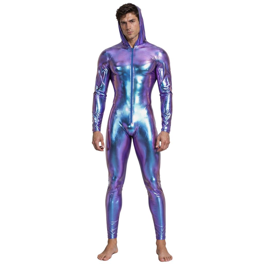 Men Metallic Shiny Hooded Jumpsuit Long Sleeve Front Zip-up Leggings Tights Catsuit Bodysuit for Rave Party Clubwear Night Out
