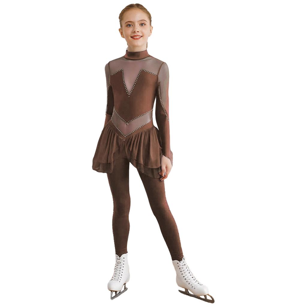 Girls Figure Skating Jumpsuit Mock Neck Long Sleeve Sheer Mesh Patchwork Shiny Rhinestones Bodysuit