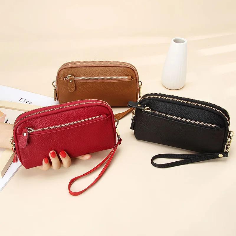Genuine Leather Women Double Zip Wallet   Ladies Clutch Purse Cowhide Wristlet Bag Coin Purse Fashion Mobile Phone Bags