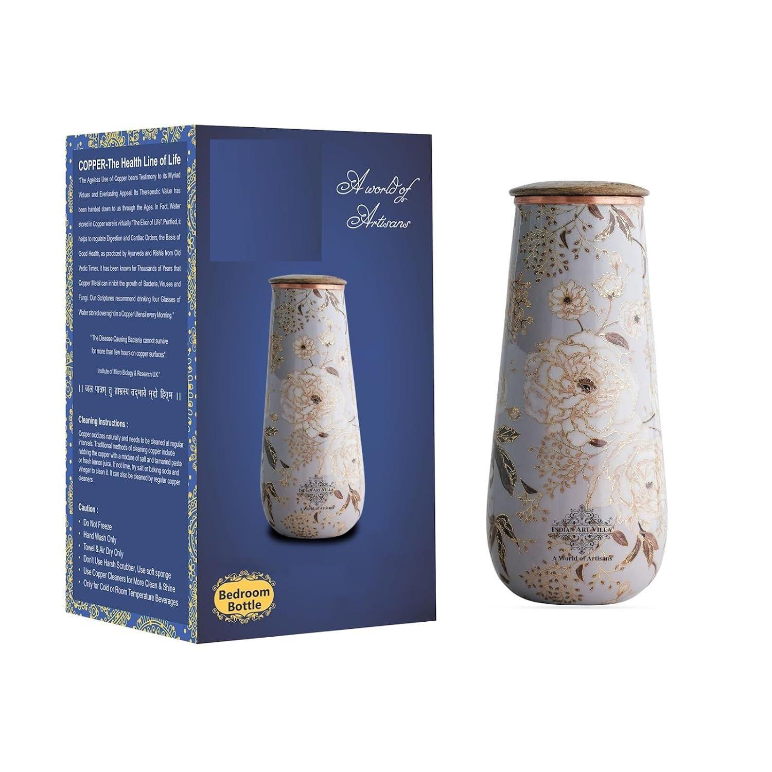 

Copper Gold Printed Bottle with Wooden Lid – 1300 ML, Elegant Floral Design Copper Water Bottle for Daily Use, Home Décor