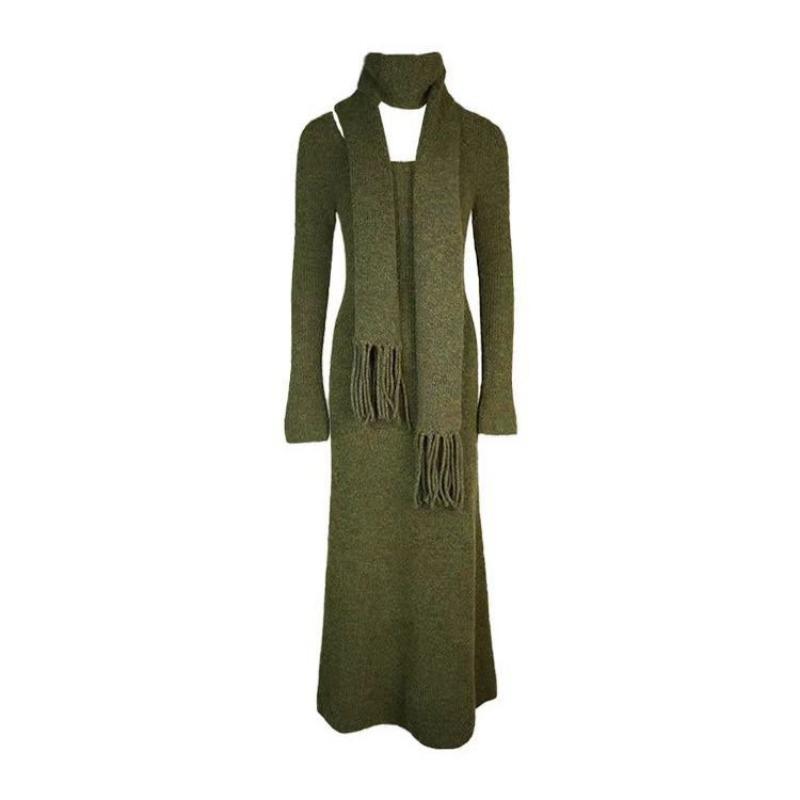 Temperament Gentle Wind with Scarf Long Knitted Dress Women's Autumn and Winter Waist Thin Sweater Skirt with Coat Inside